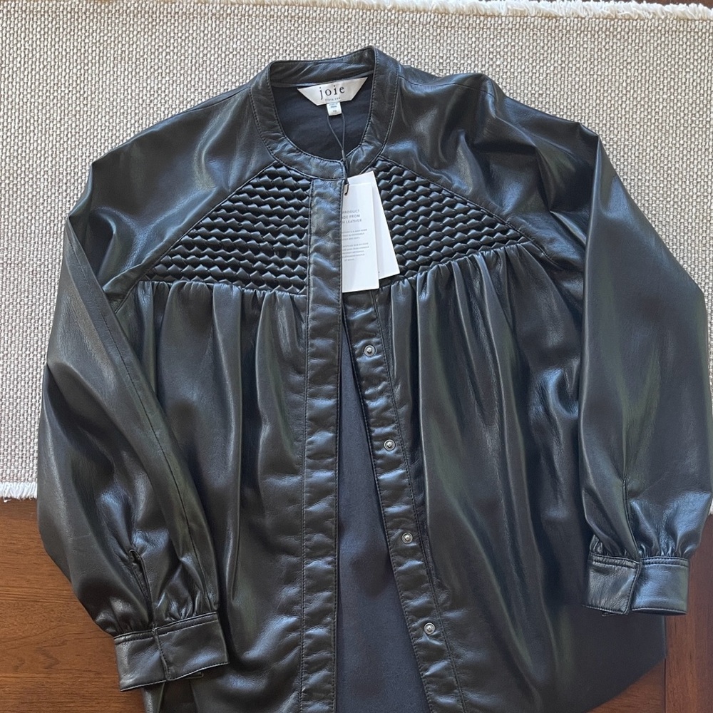 Joie Black Faux Leather Button-Front Shacket with Textured Yoke